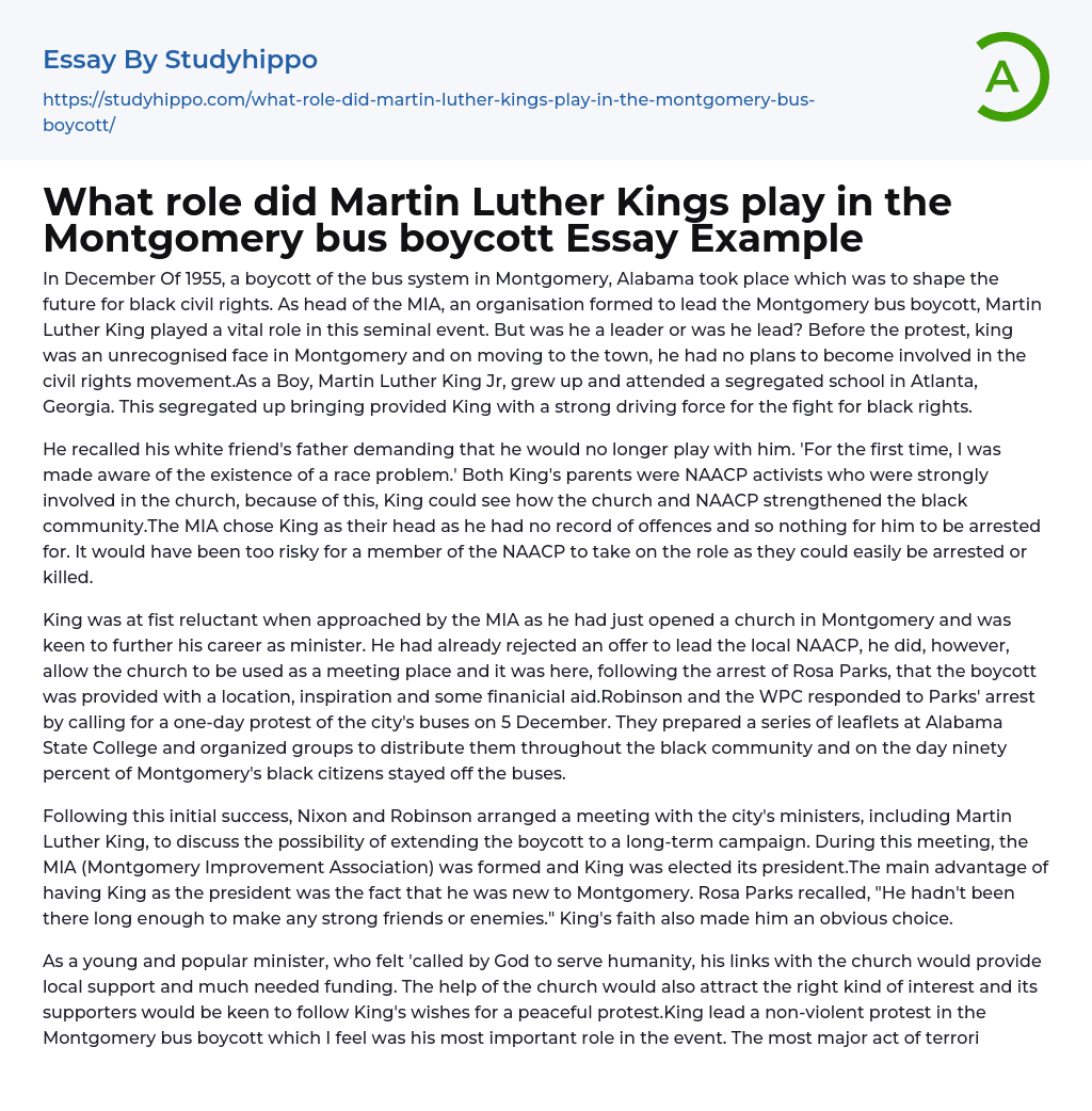 What role did Martin Luther Kings play in the Montgomery bus boycott Essay Example