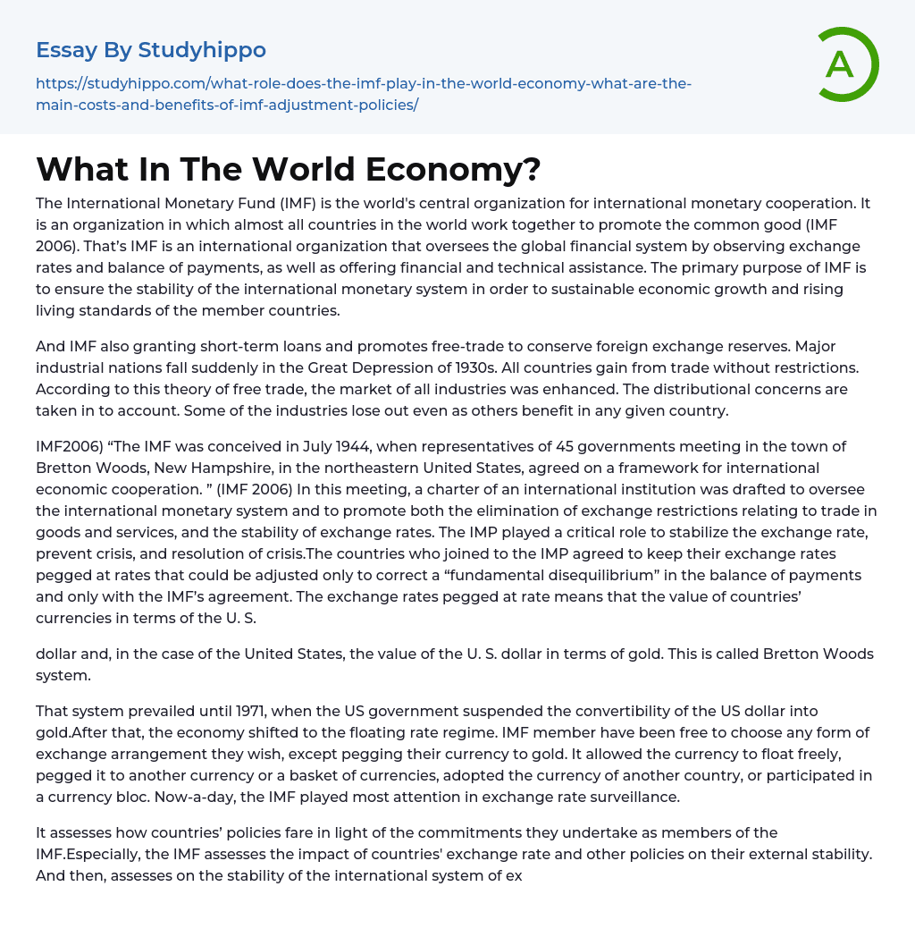 What In The World Economy? Essay Example