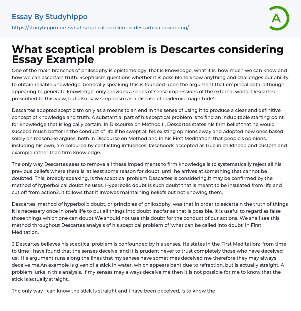 What sceptical problem is Descartes considering Essay Example
