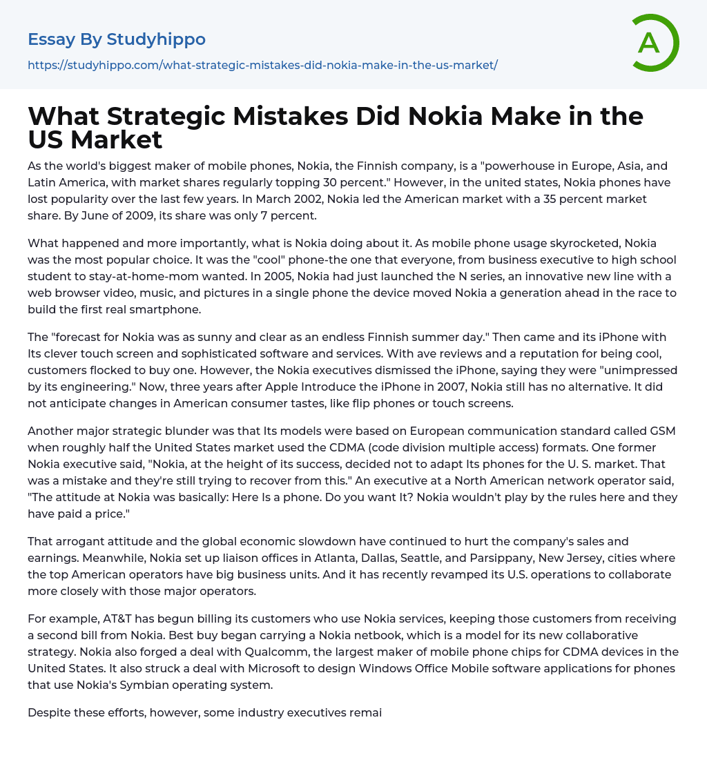 What Strategic Mistakes Did Nokia Make in the US Market Essay Example
