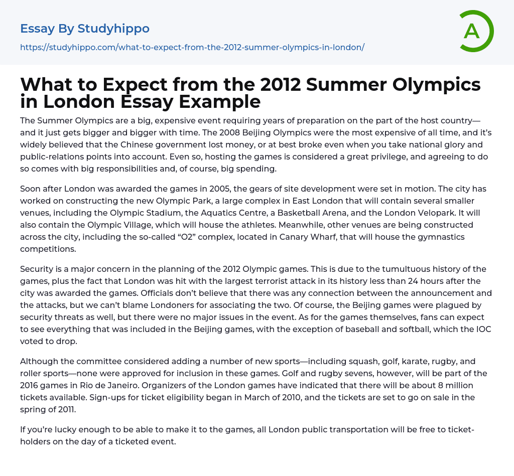 What to Expect from the 2012 Summer Olympics in London Essay Example
