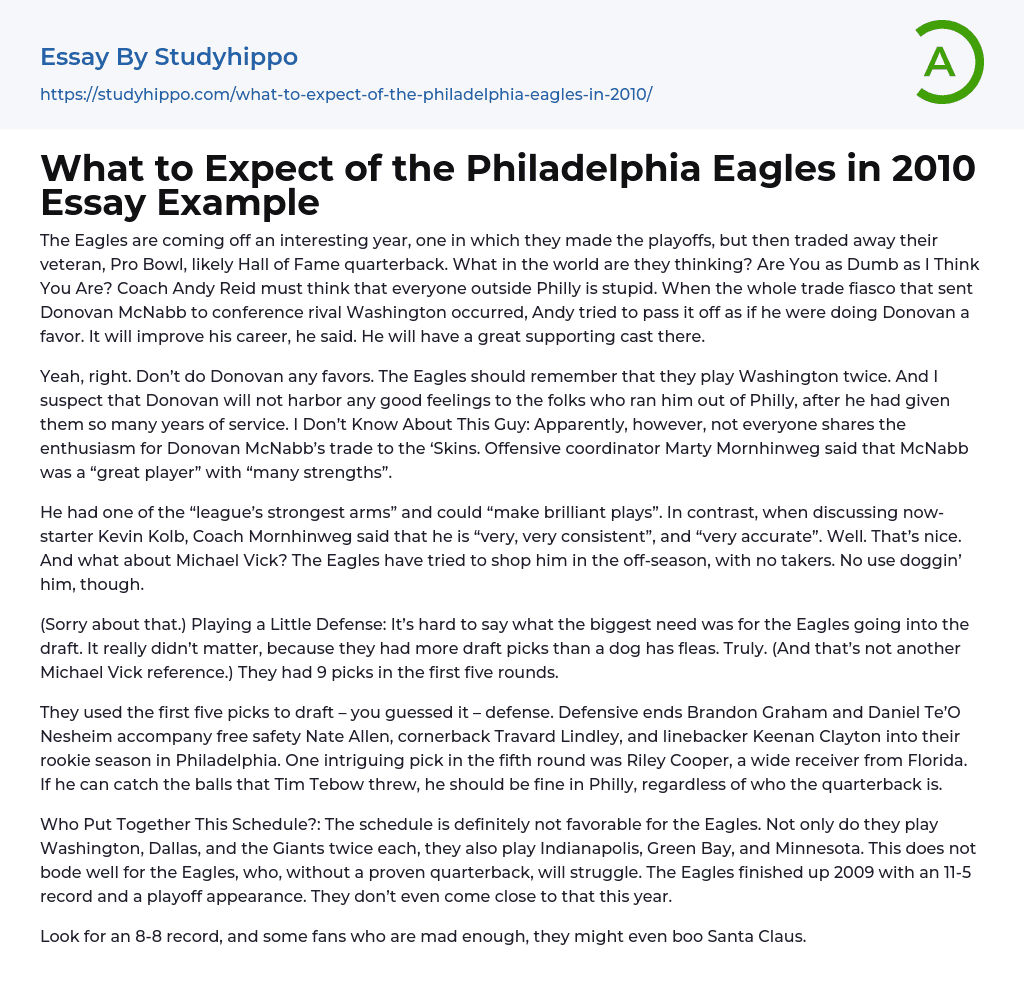 What to Expect of the Philadelphia Eagles in 2010 Essay Example