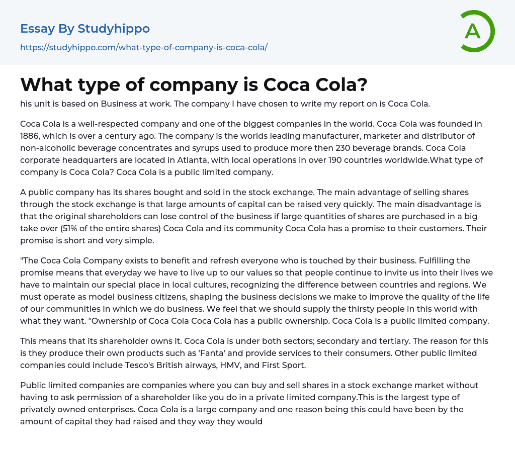 What type of company is Coca Cola? Essay Example