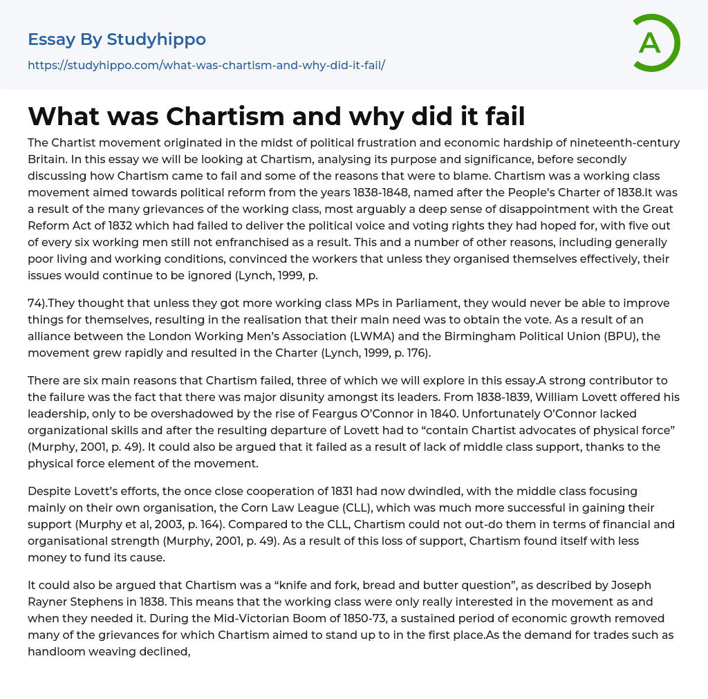 What was Chartism and why did it fail Essay Example