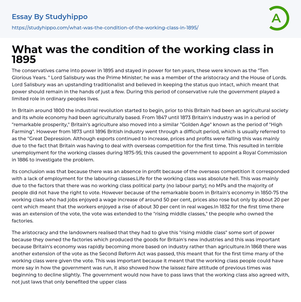 What was the condition of the working class in 1895 Essay Example