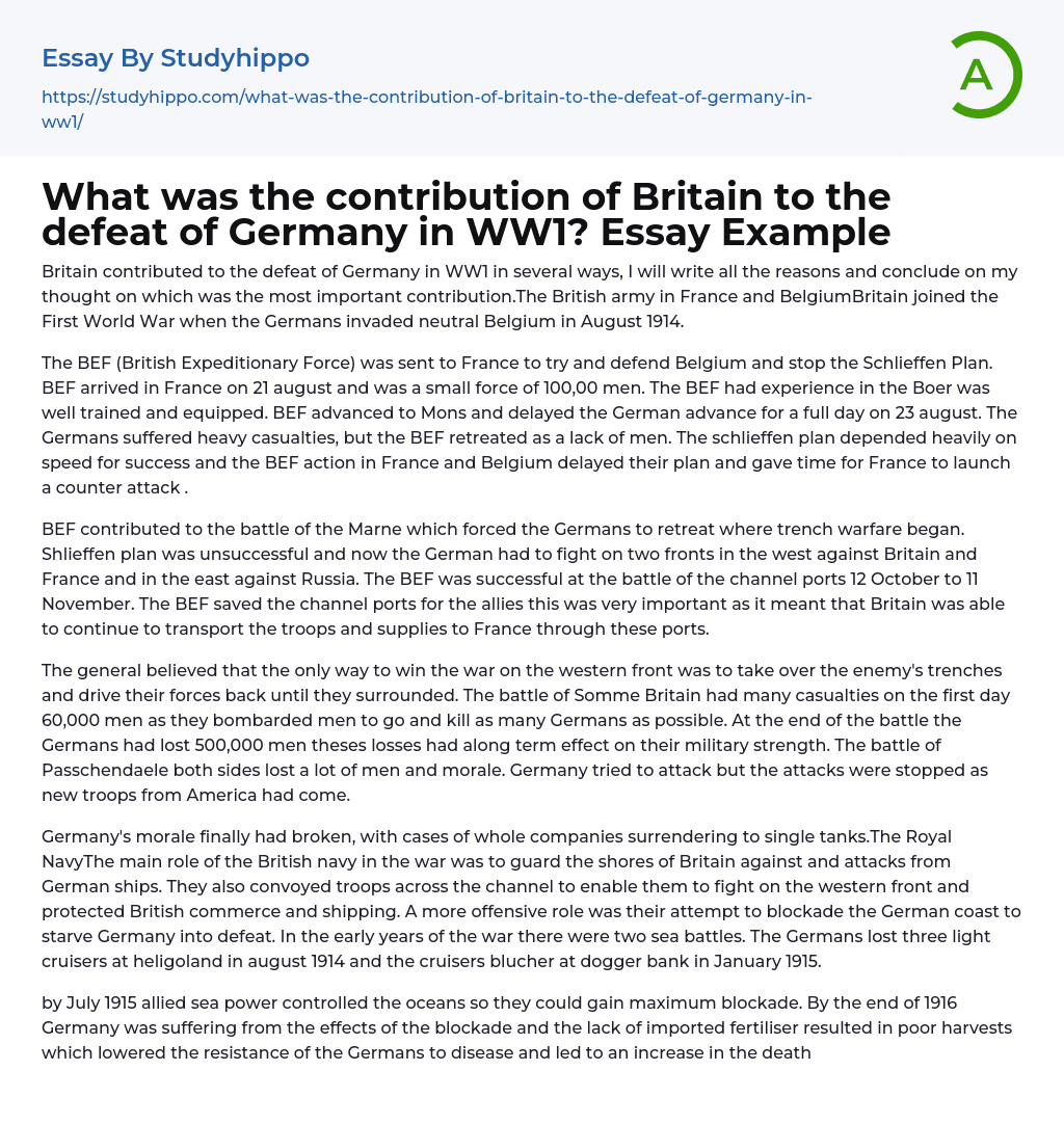 What was the contribution of Britain to the defeat of Germany in WW1? Essay Example