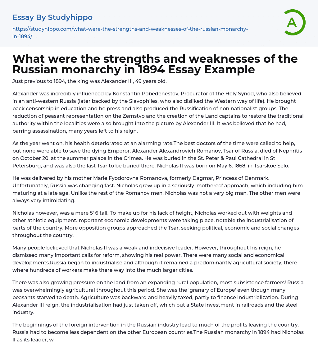 What were the strengths and weaknesses of the Russian monarchy in 1894 Essay Example