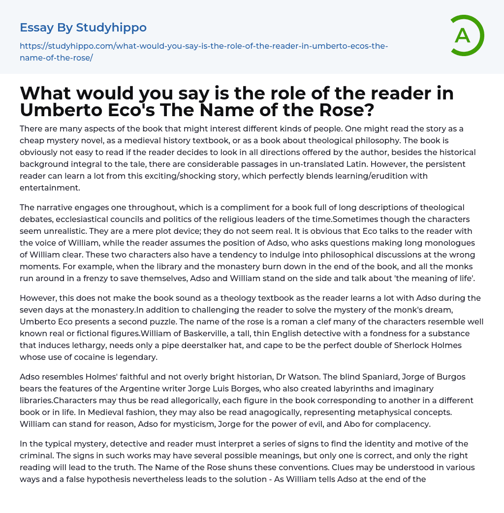What would you say is the role of the reader in Umberto Eco’s The Name of the Rose? Essay Example