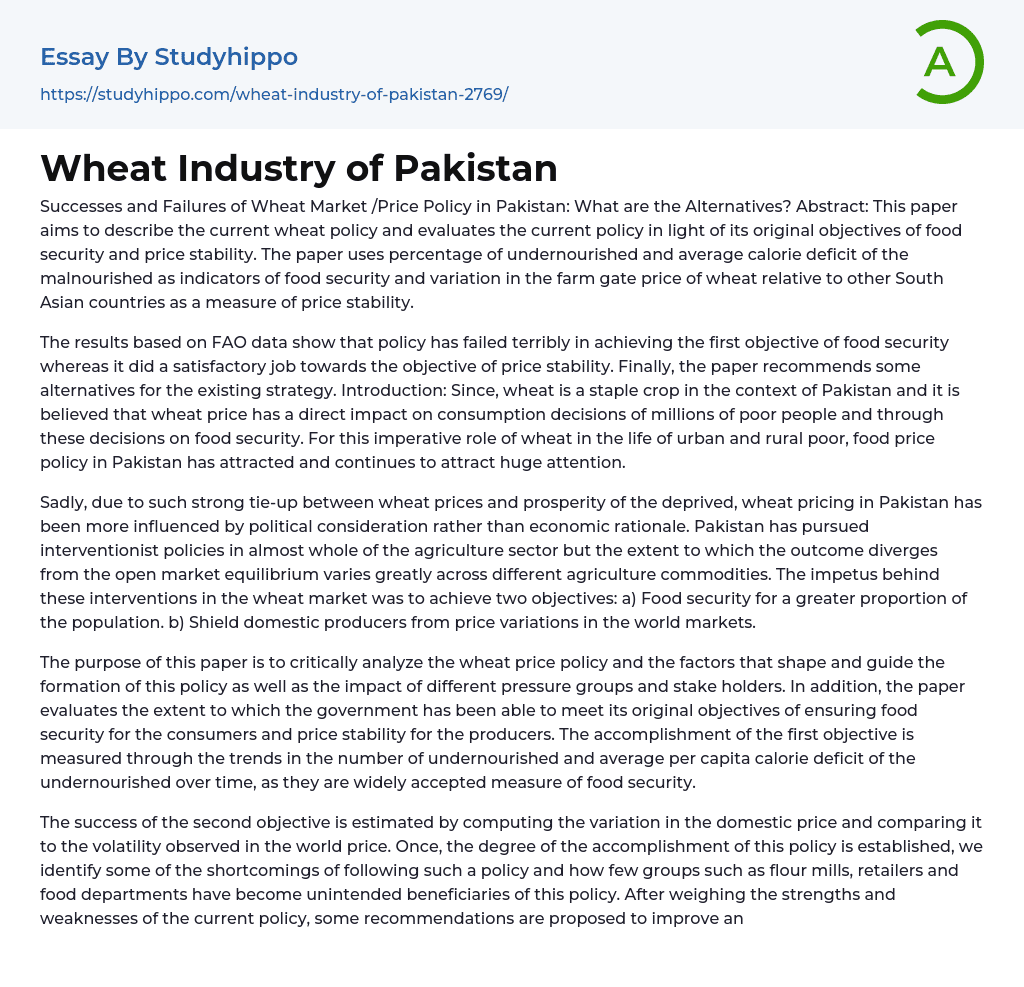 Wheat Industry of Pakistan Essay Example