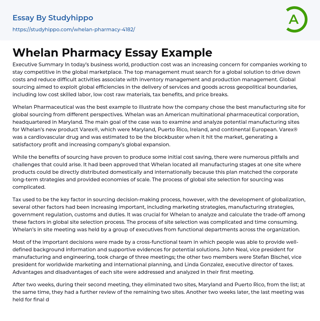 Whelan Pharmacy Essay Example
