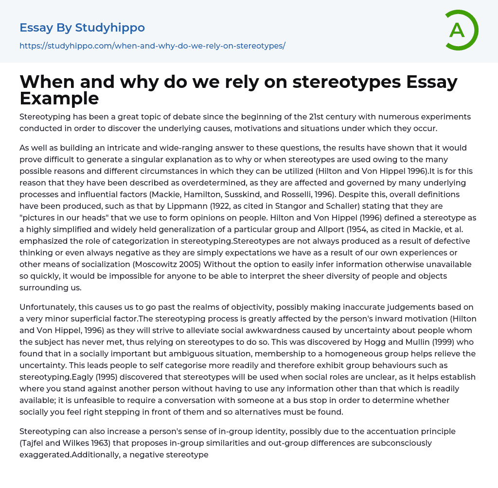 When and why do we rely on stereotypes Essay Example