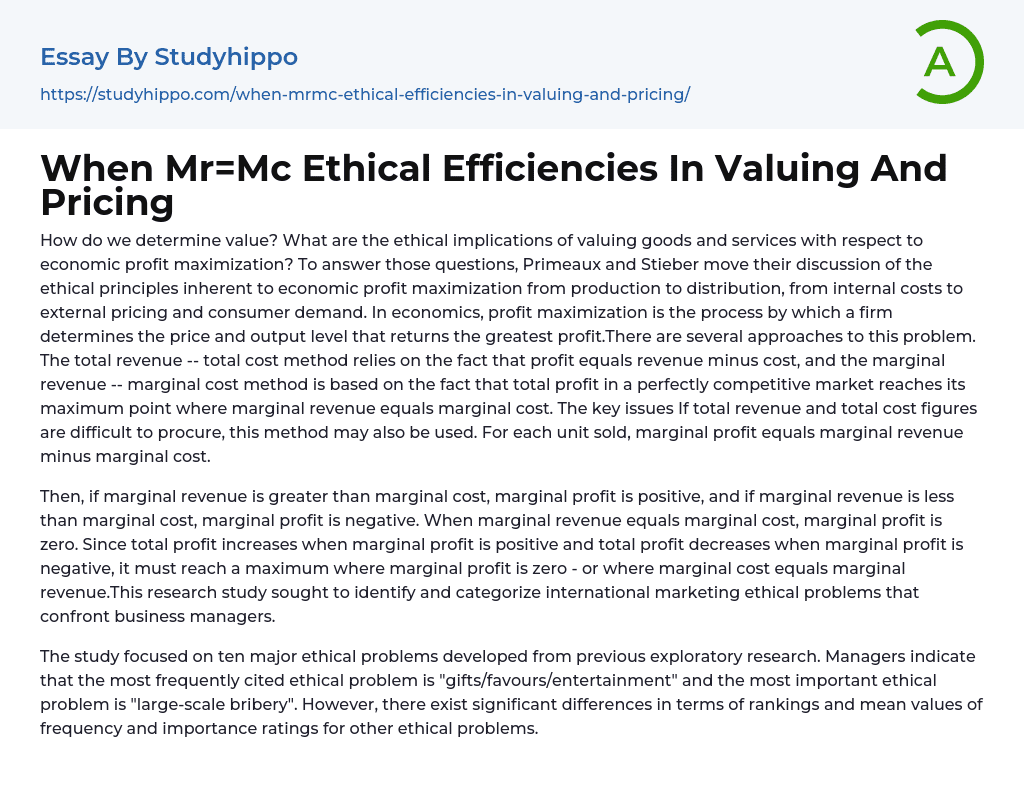 When Mr=Mc Ethical Efficiencies In Valuing And Pricing Essay Example