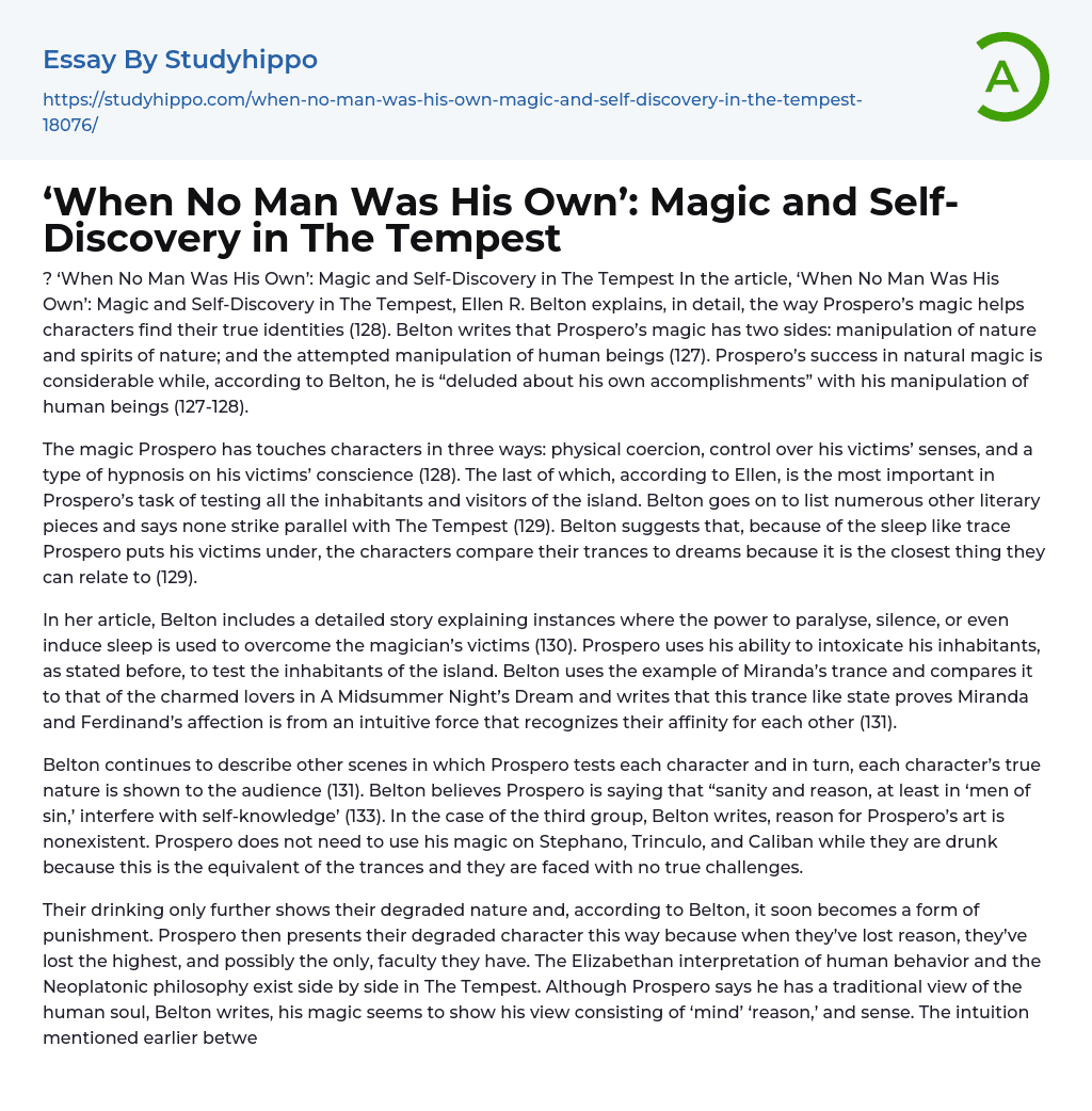 ‘When No Man Was His Own’: Magic and Self-Discovery in The Tempest Essay Example