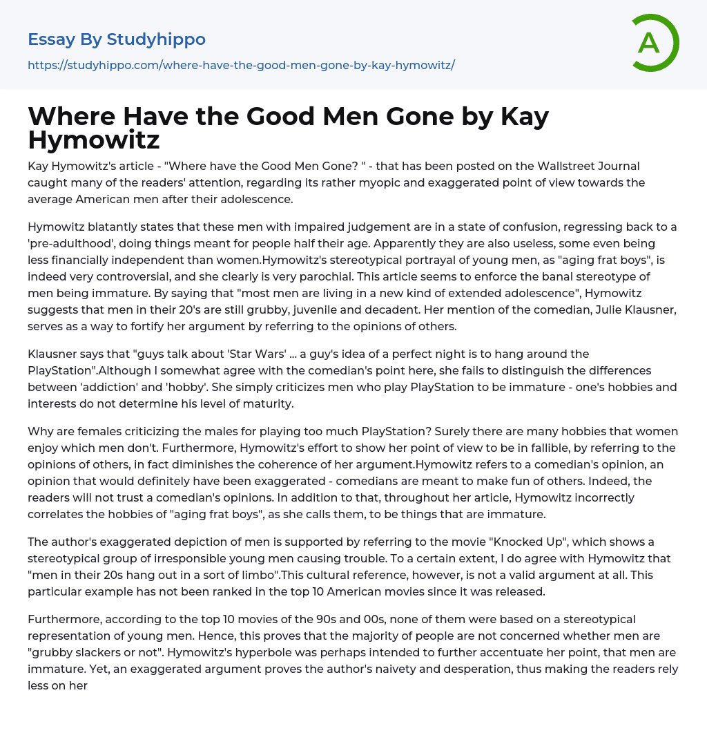 Where Have the Good Men Gone by Kay Hymowitz Essay Example