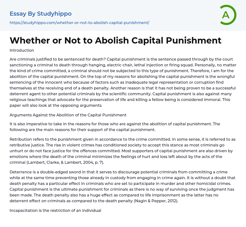 Whether or Not to Abolish Capital Punishment Essay Example