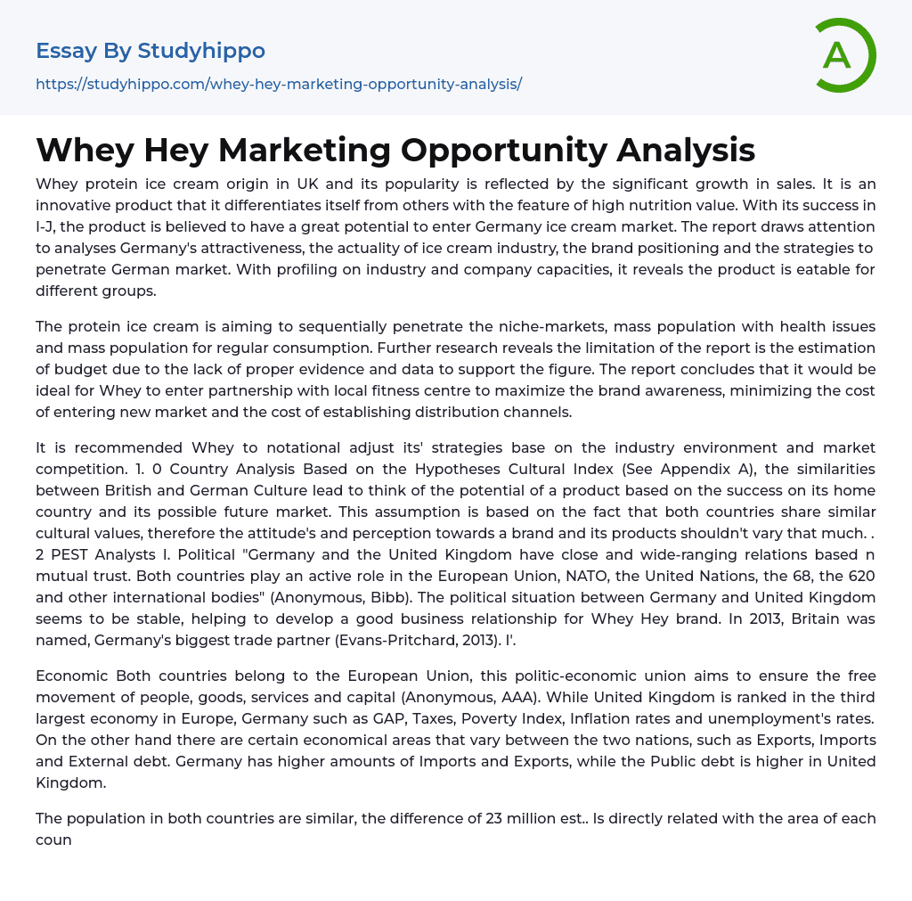 Whey Hey Marketing Opportunity Analysis Essay Example