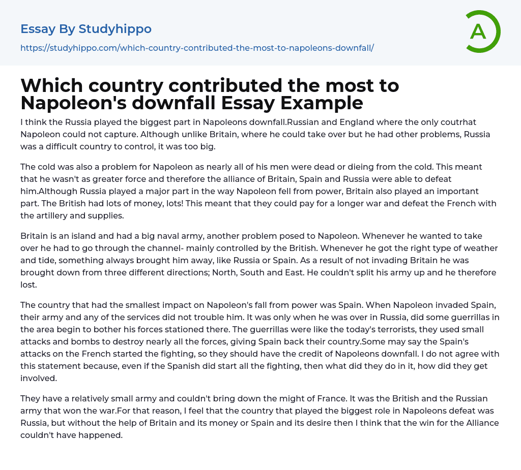Which country contributed the most to Napoleon’s downfall Essay Example