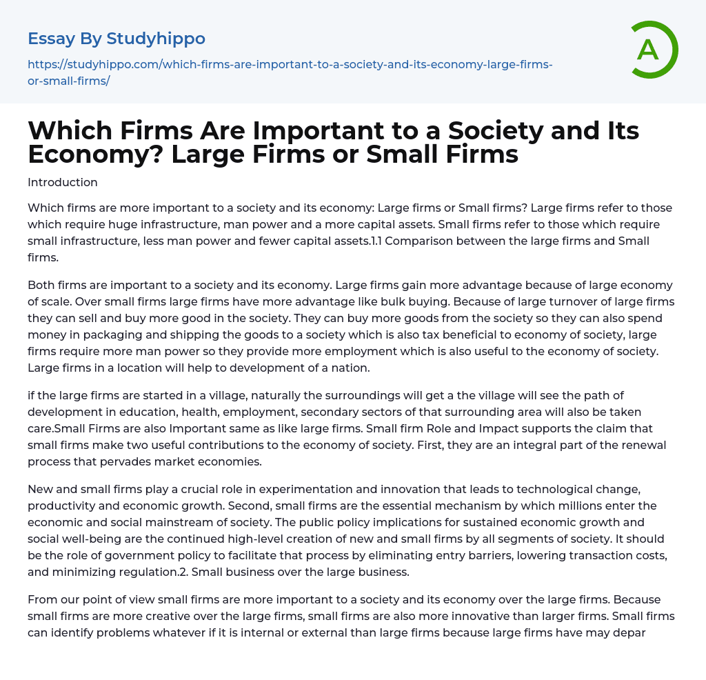 Which Firms Are Important to a Society and Its Economy? Large Firms or Small Firms Essay Example