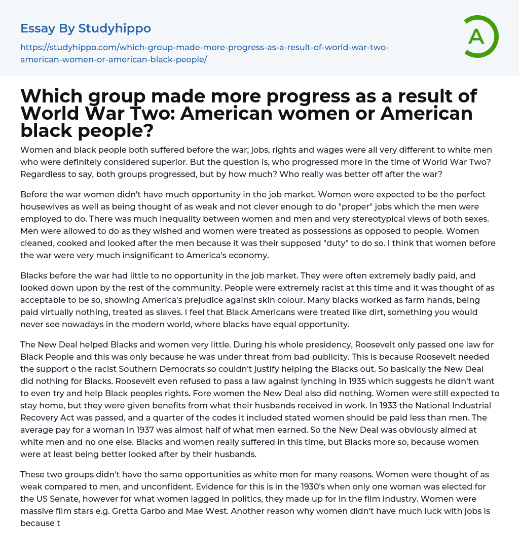 Women and Black People in WWII: Who Progressed More?