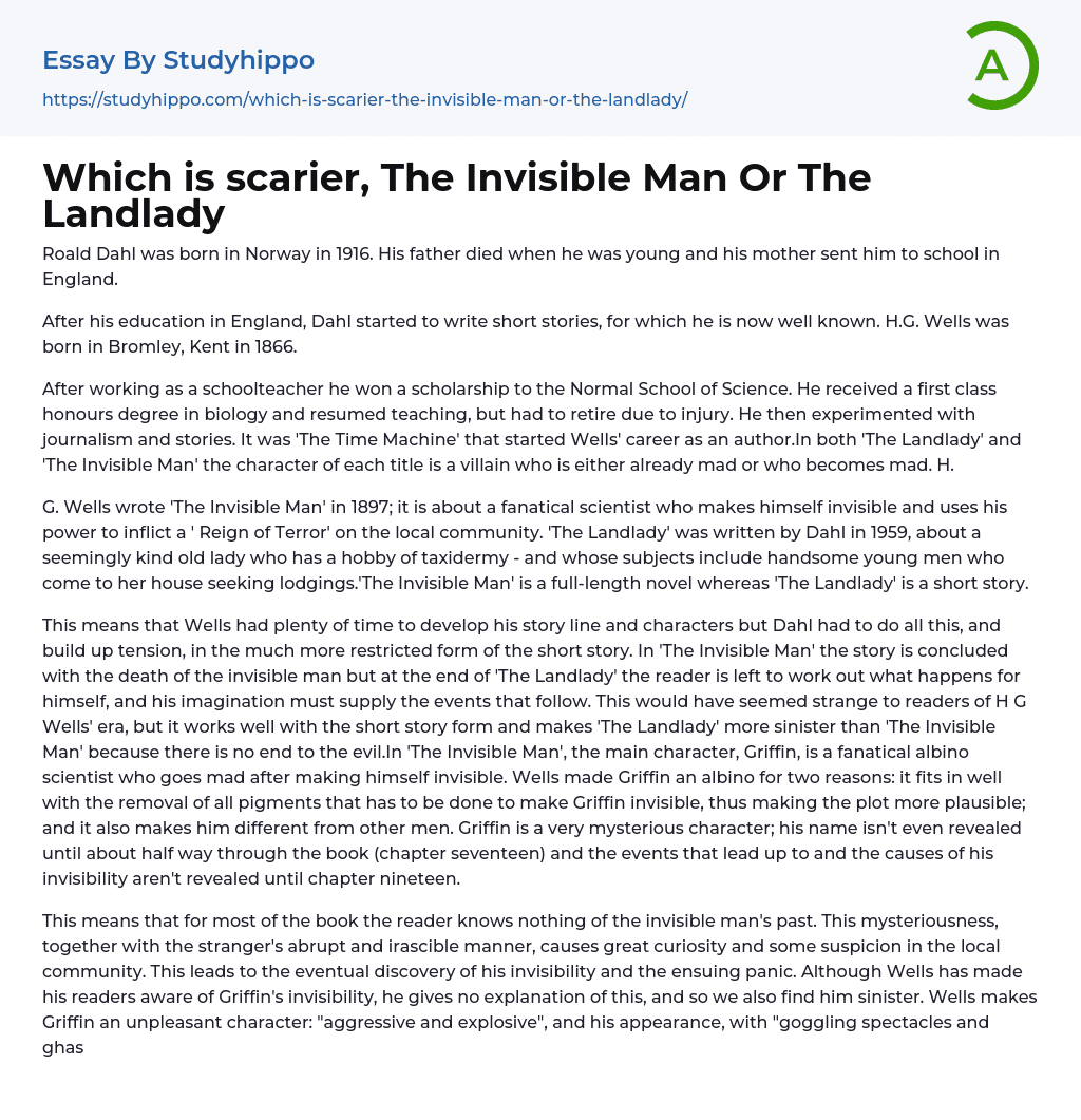 Which is scarier, The Invisible Man Or The Landlady Essay Example