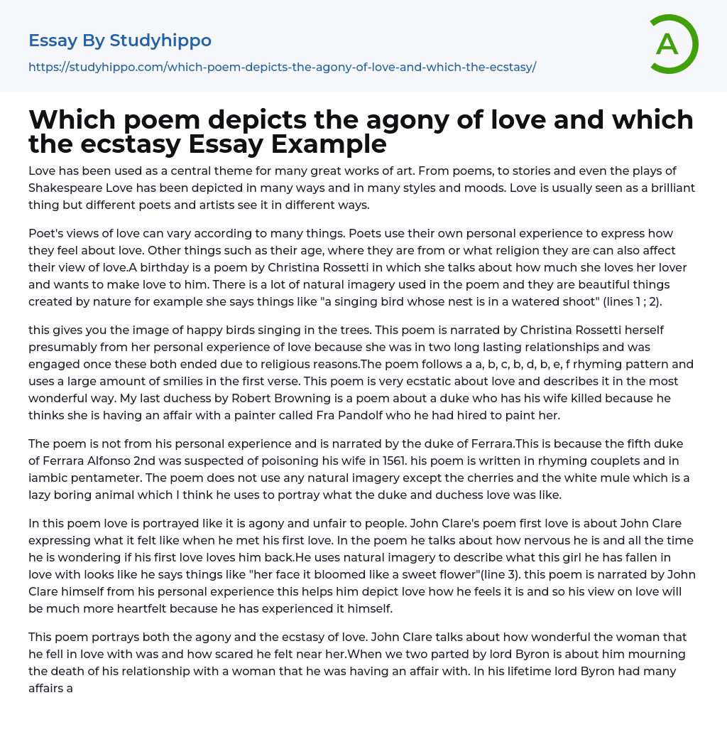 Which poem depicts the agony of love and which the ecstasy Essay Example