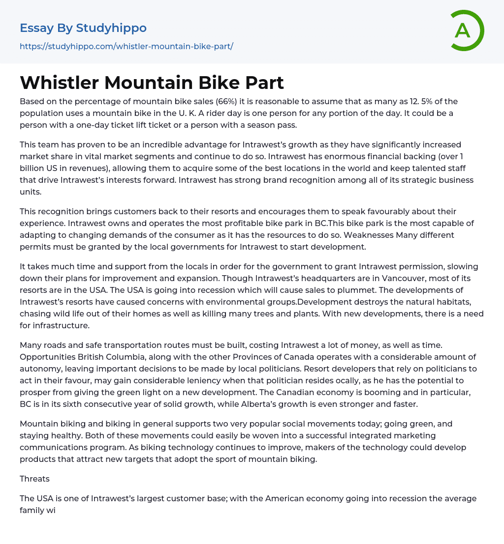 Whistler Mountain Bike Part Essay Example