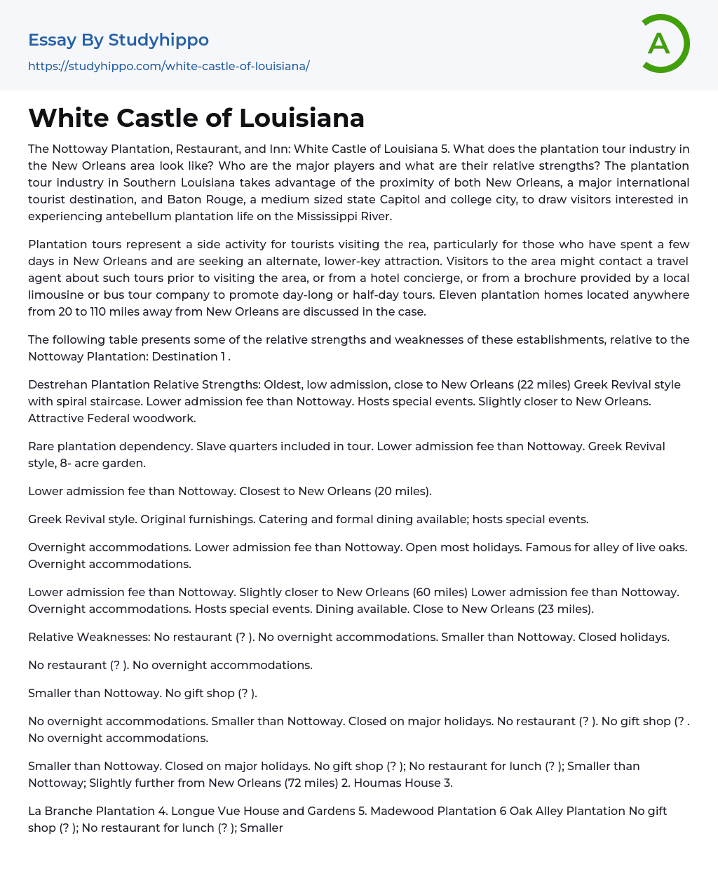 The Nottoway Plantation, Restaurant, and Inn: White Castle of Louisiana Essay Example