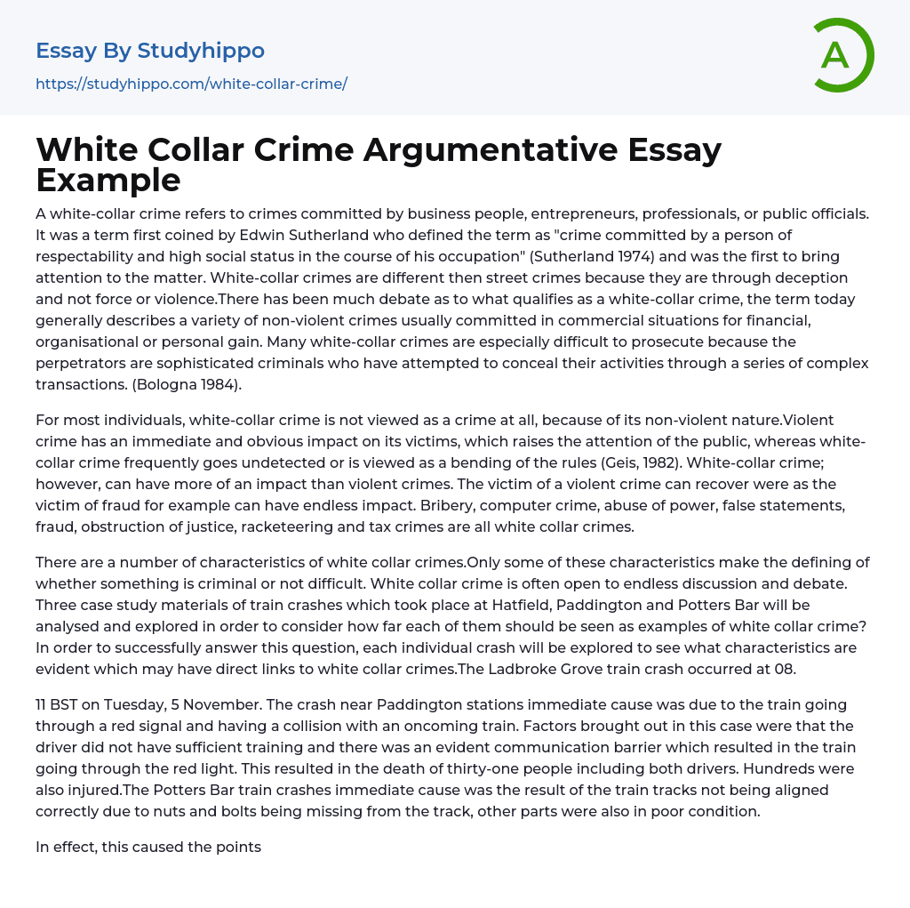 White Collar Crime Argumentative Essay Example