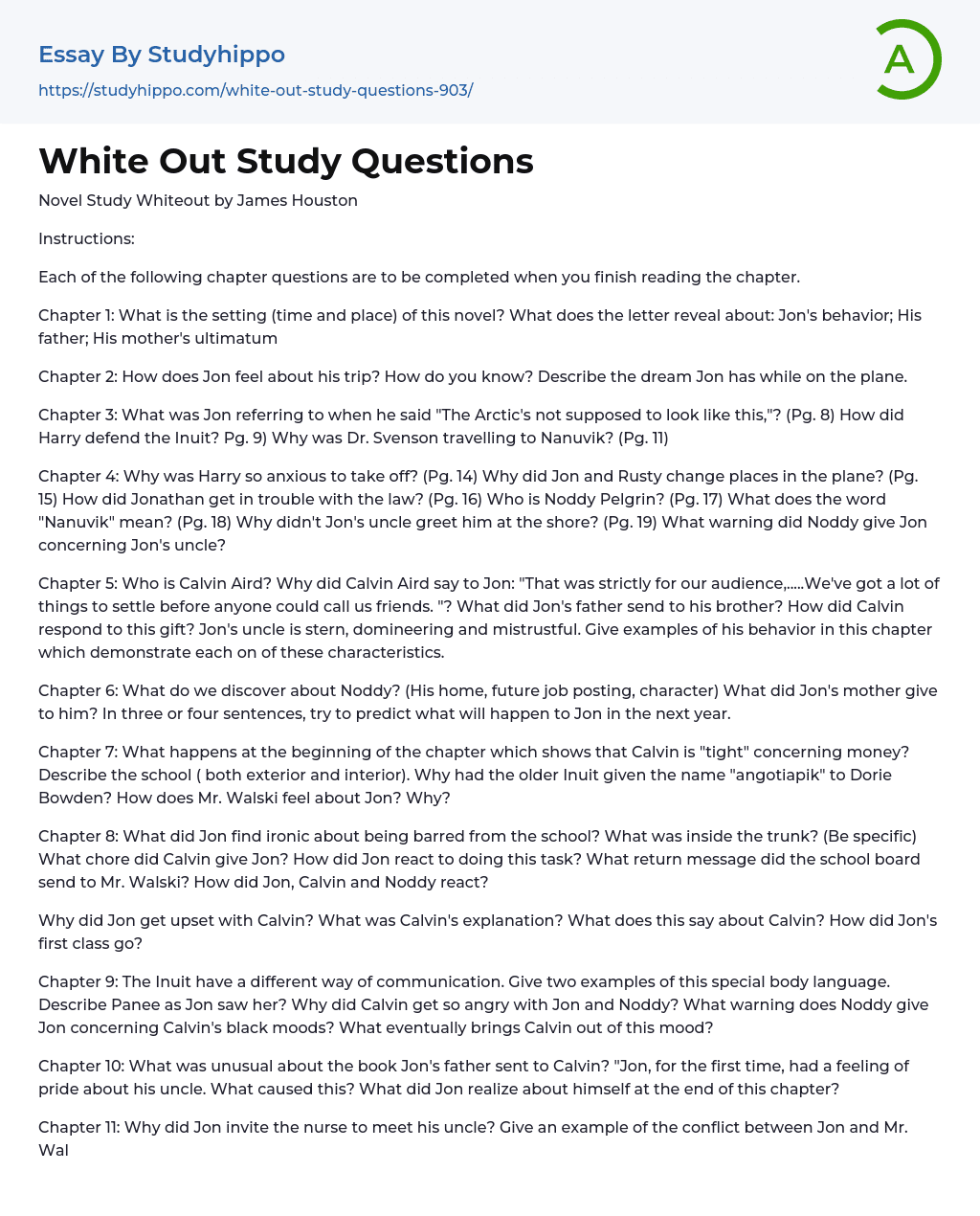 White Out Study Questions Essay Example