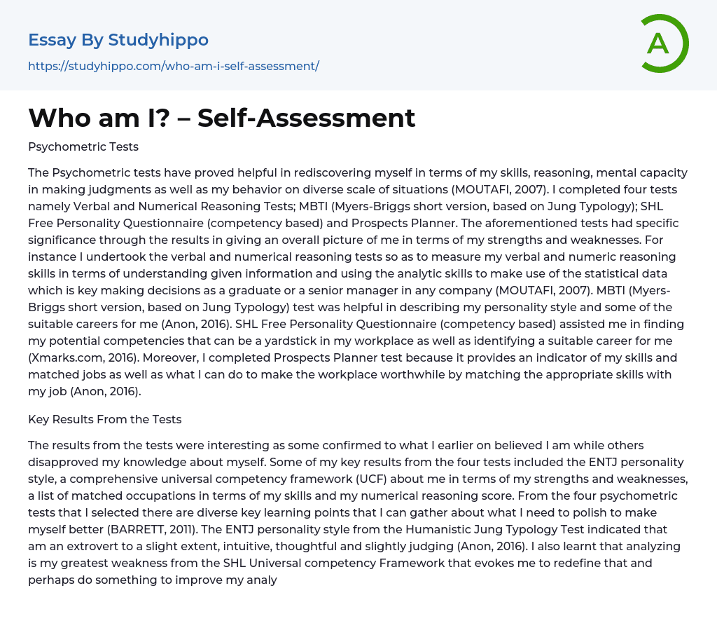 Who am I? – Self-Assessment Essay Example
