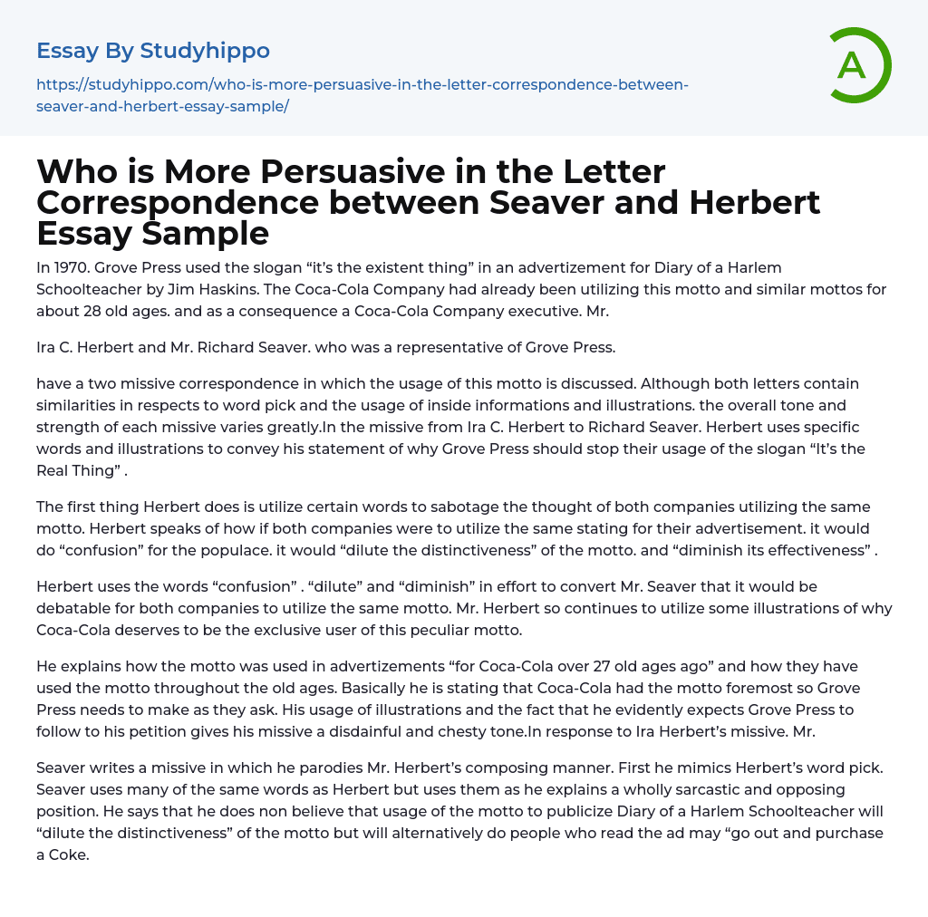 Who is More Persuasive in the Letter Correspondence between Seaver and Herbert Essay Sample