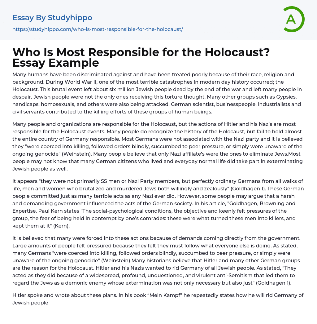 Who Is Most Responsible for the Holocaust? Essay Example