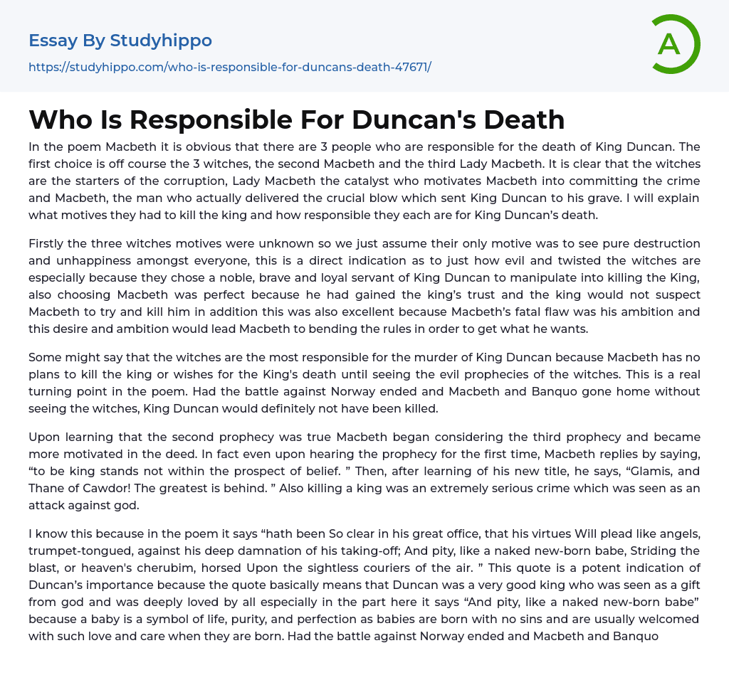 Who Is Responsible For Duncan’s Death Essay Example