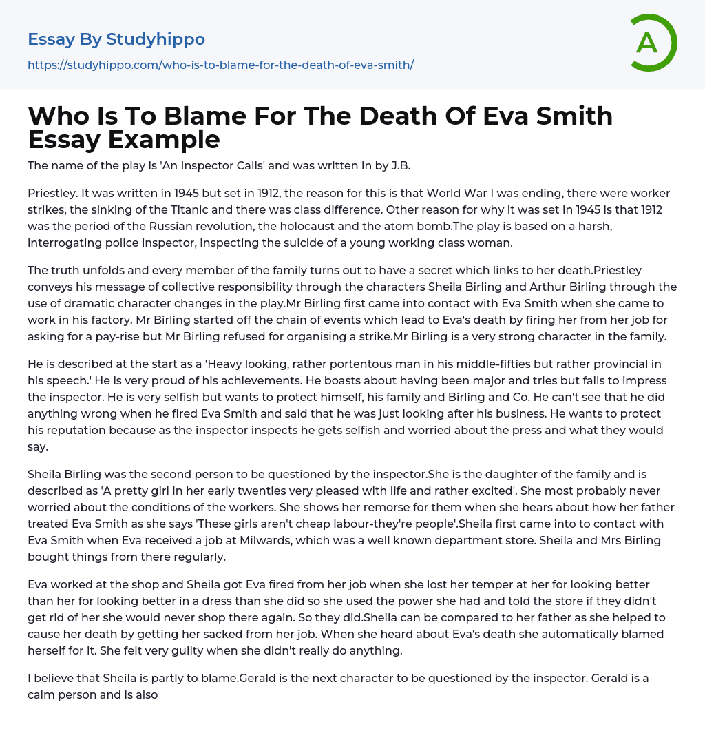Who Is To Blame For The Death Of Eva Smith Essay Example