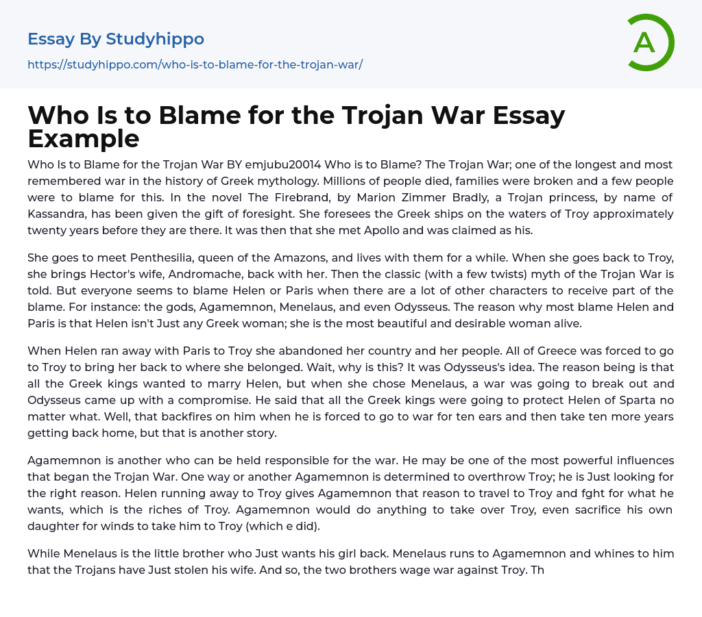 Who Is to Blame for the Trojan War? Essay Example