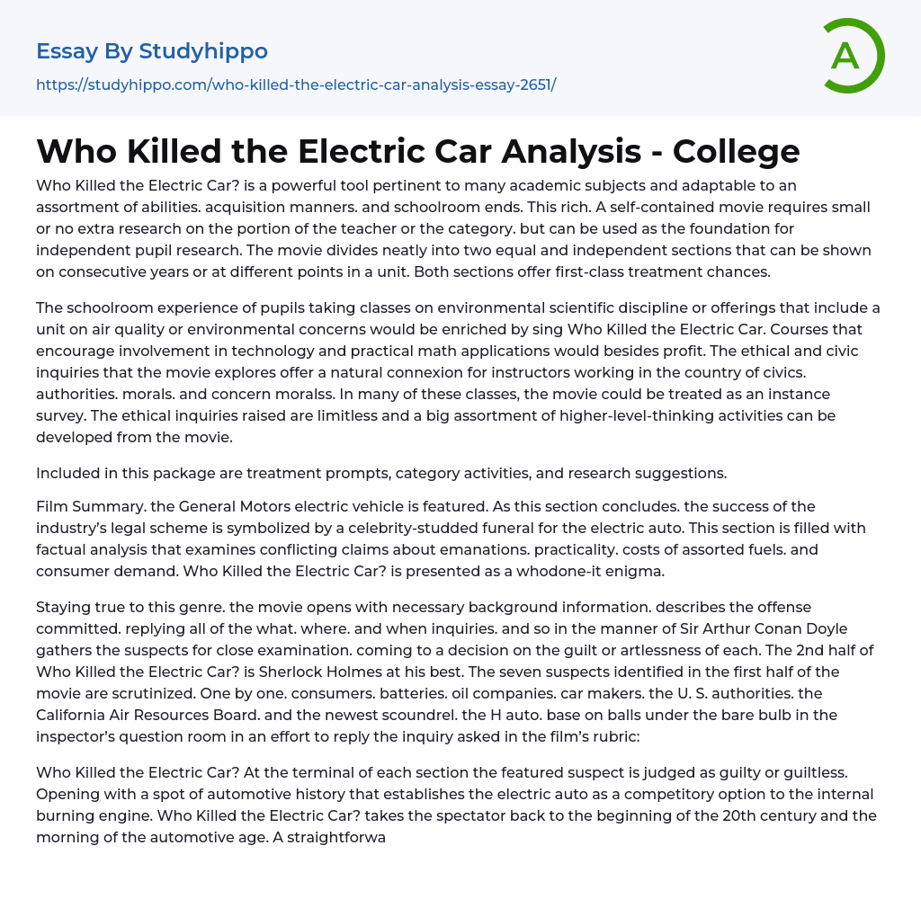 Who Killed the Electric Car Analysis – College Essay Example