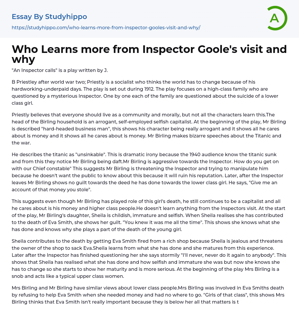 Who Learns more from Inspector Goole’s visit and why Essay Example