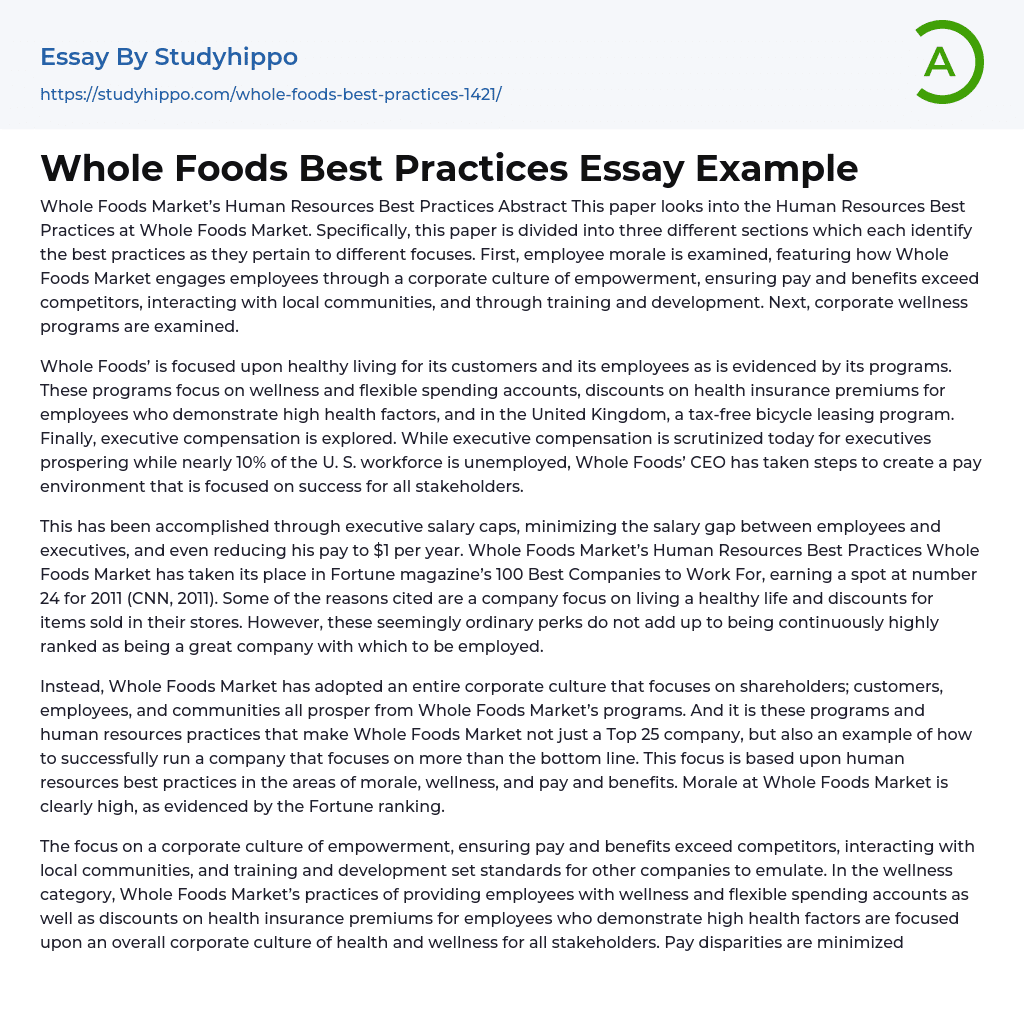 Whole Foods Best Practices Essay Example