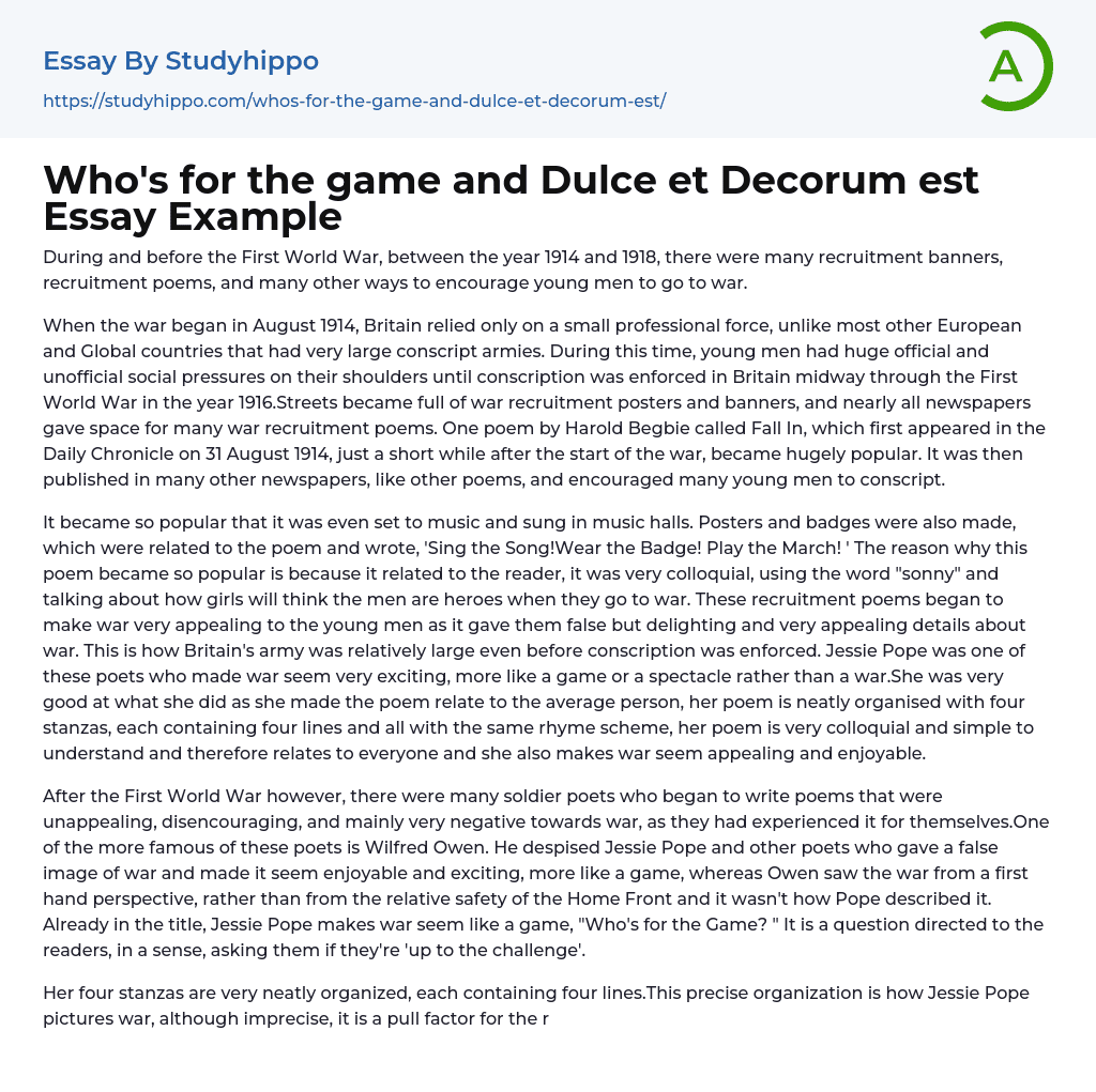 Who’s for the game and Dulce et Decorum est Essay Example