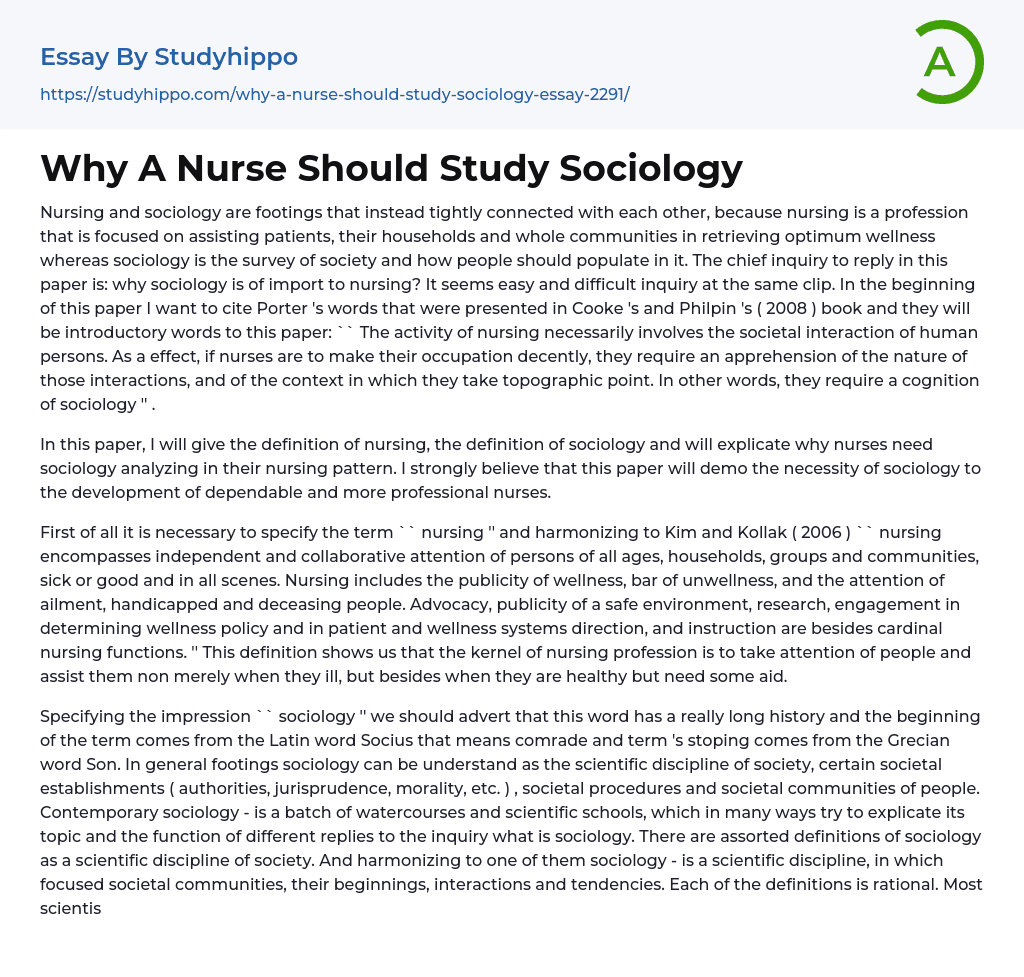 Why A Nurse Should Study Sociology Essay Example