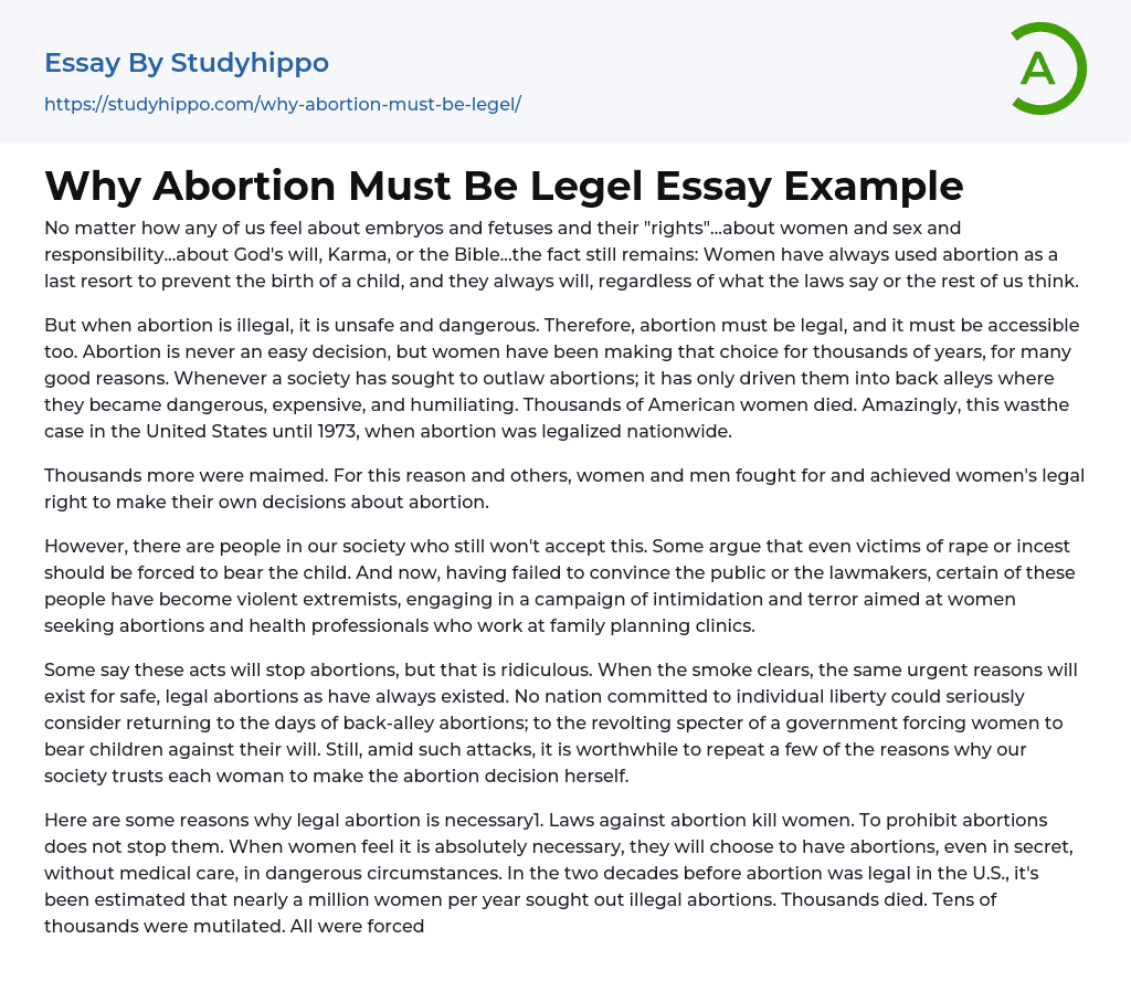 Why Abortion Must Be Legel Essay Example
