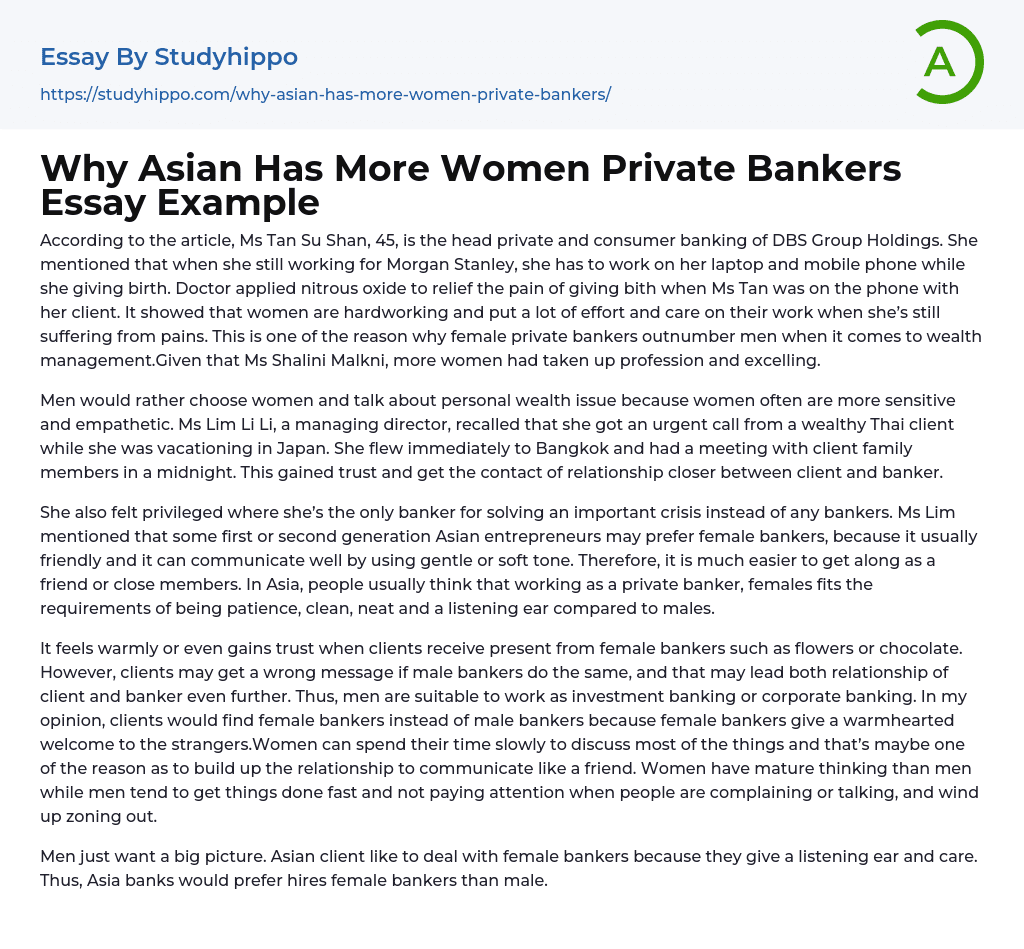 Why Asian Has More Women Private Bankers Essay Example