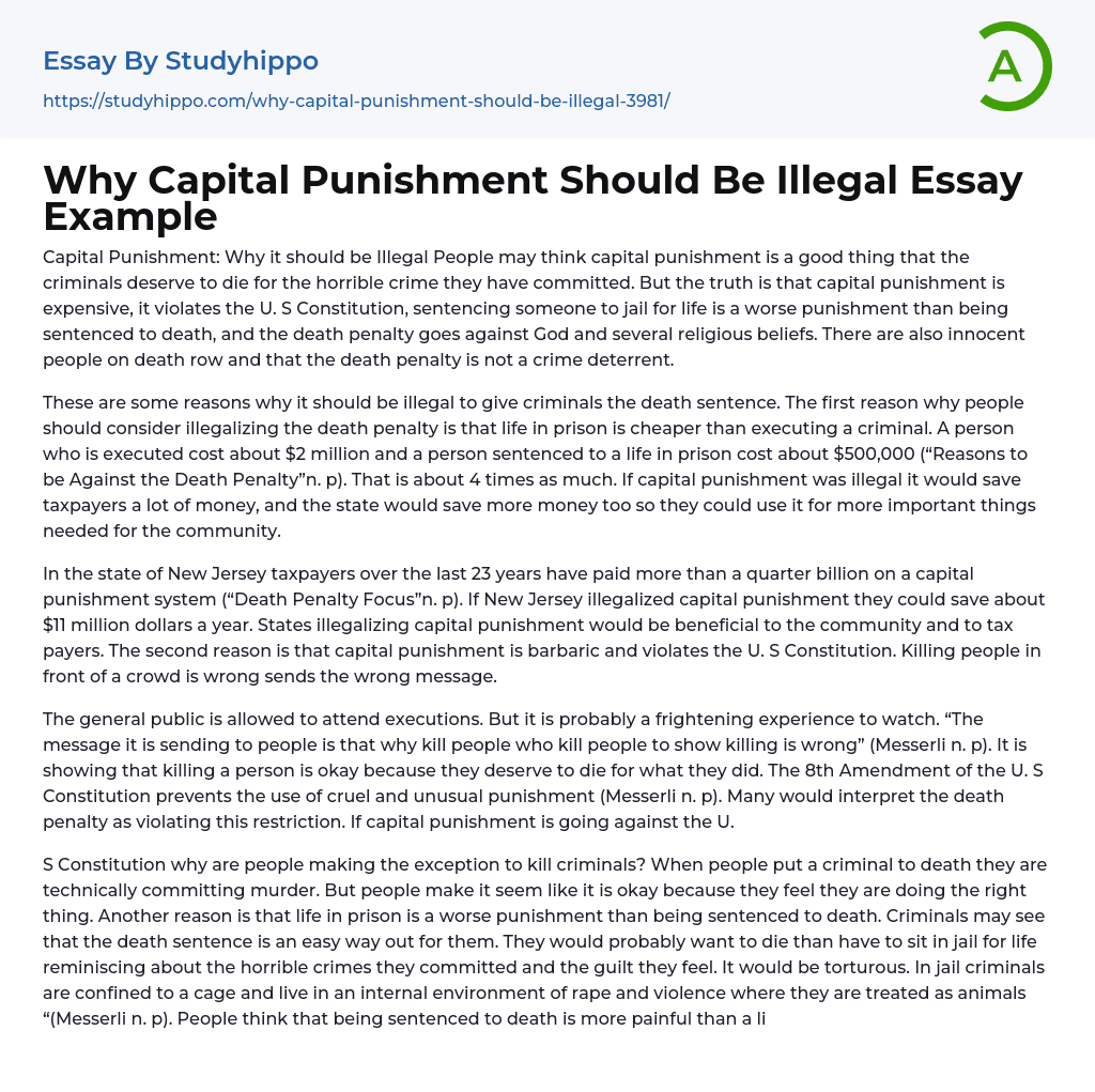 Why Capital Punishment Should Be Illegal Essay Example