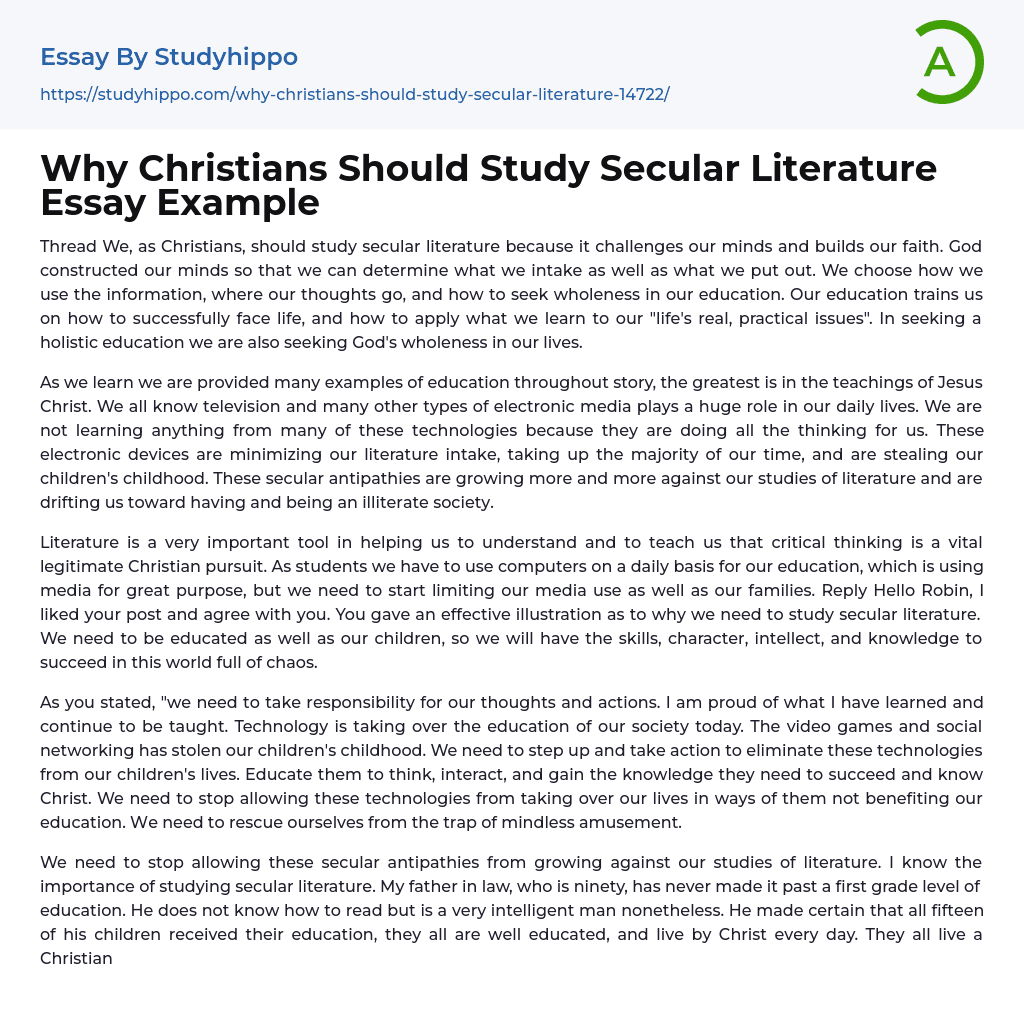 Why Christians Should Study Secular Literature Essay Example