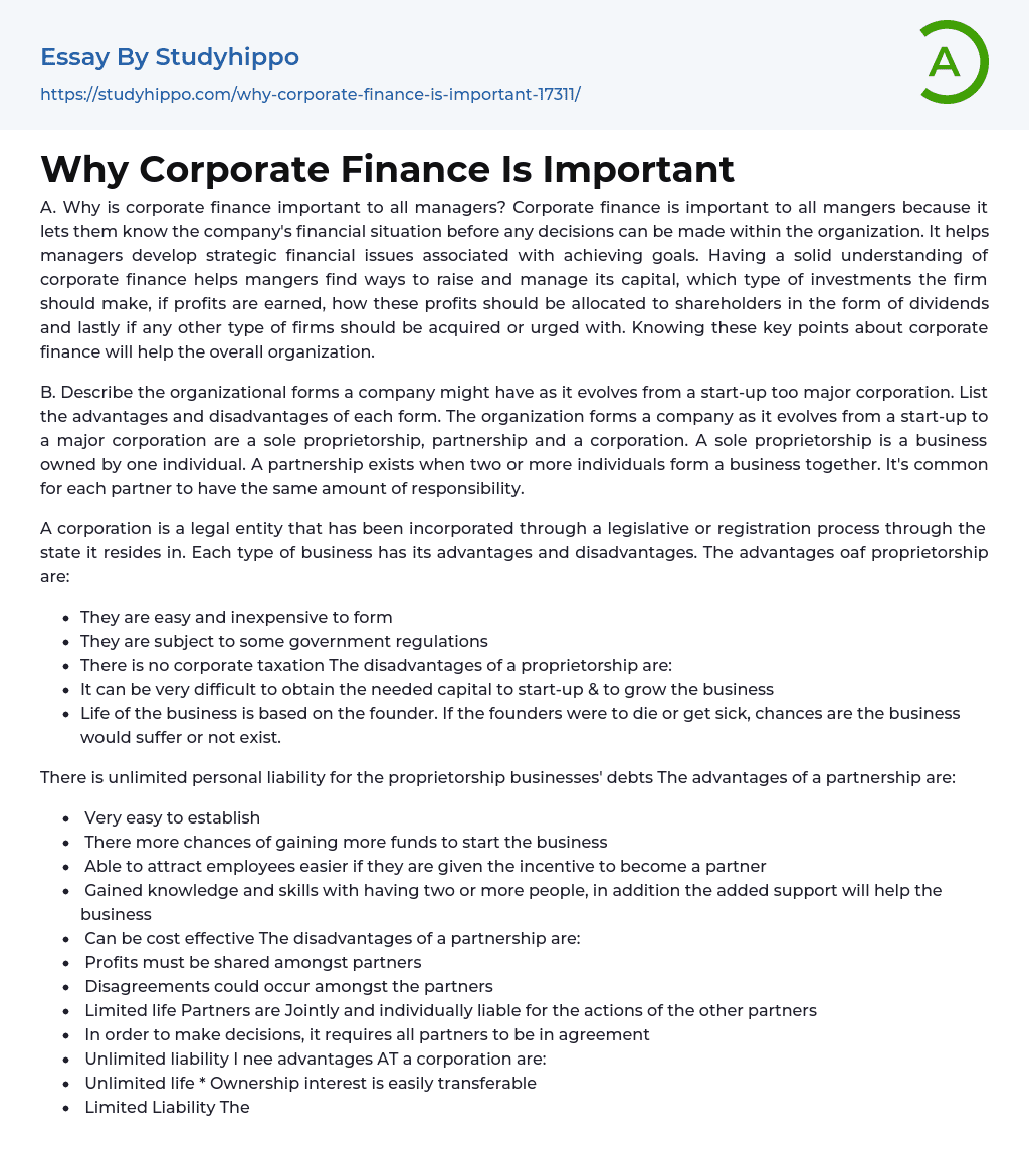 Why Corporate Finance Is Important Essay Example