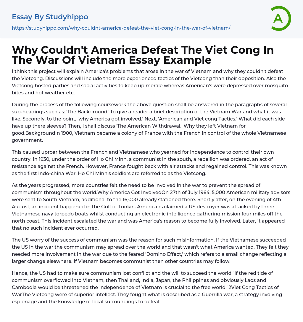 Why Couldn’t America Defeat The Viet Cong In The War Of Vietnam Essay Example