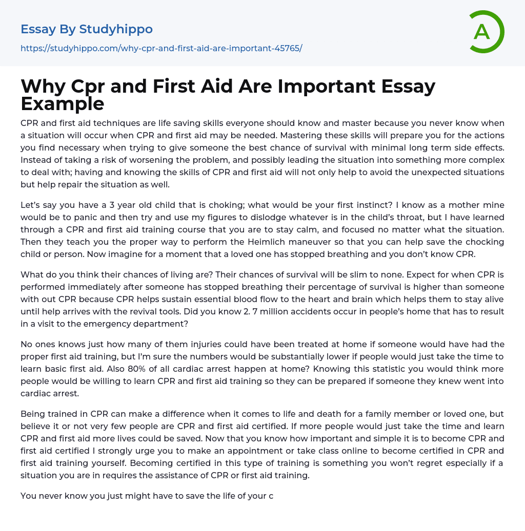 Why Cpr and First Aid Are Important Essay Example