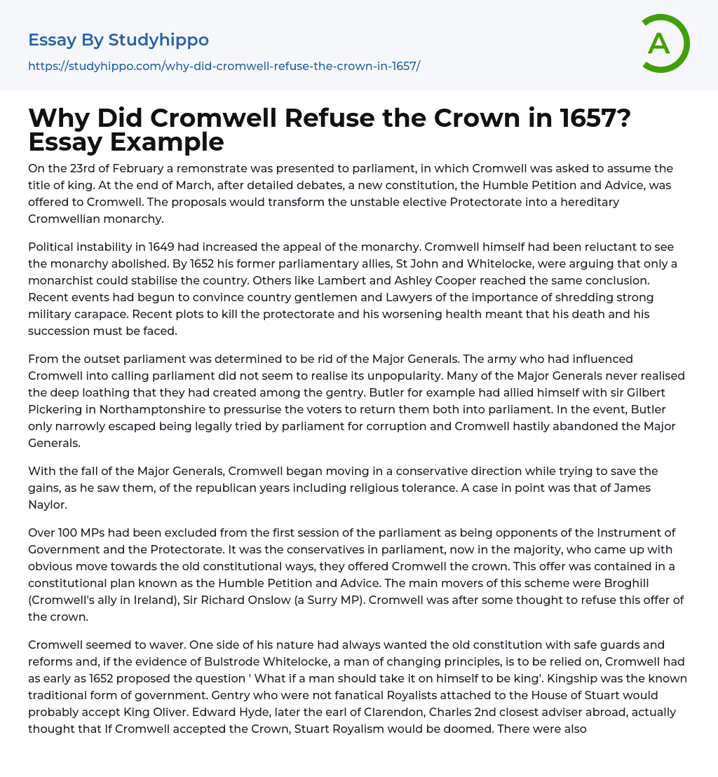 Why Did Cromwell Refuse the Crown in 1657? Essay Example