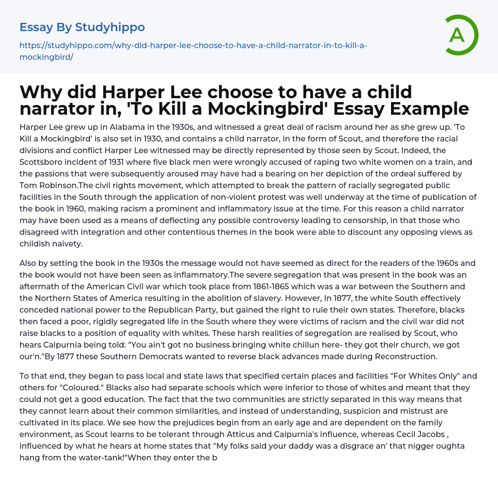 Why did Harper Lee choose to have a child narrator in, ‘To Kill a Mockingbird’ Essay Example