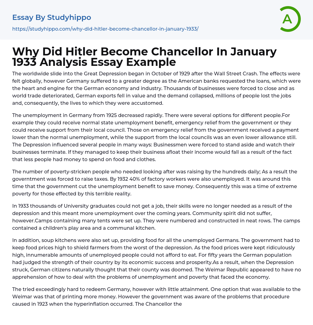 Why Did Hitler Become Chancellor In January 1933 Analysis Essay Example